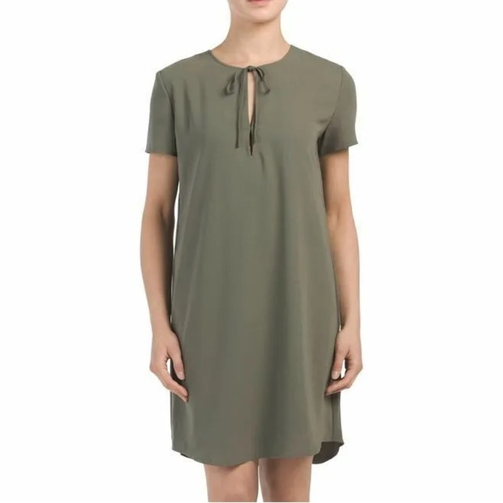 Theory Antazie Tie Front Shift Drapey Crepe Dark Military Green Tee Dress Size 0